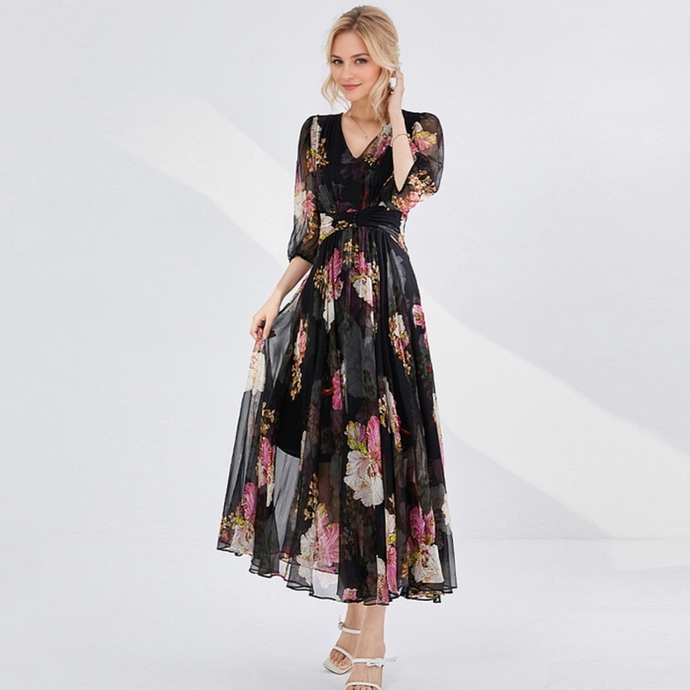 100% Silk Maxi Dress Floral Print For Beach honeymoon moon sz XL-2XL - Picture 2 of 9
